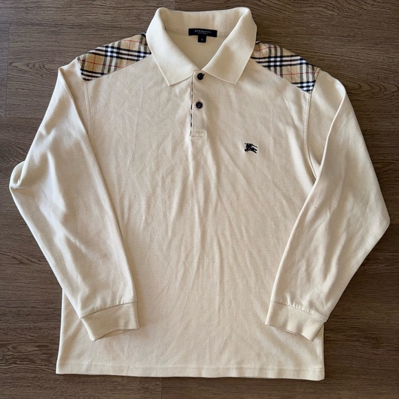 Vintage Burberry London Nova Check Cream Long Sleeve 100% Cotton Polo Shirt Sz M - Picture 3 of 16
